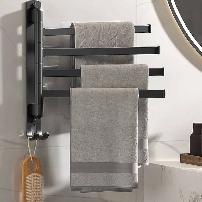 

No-drill Bathroom Rotating Towel Holder Kitchen Multi-rod Towel Bar Stainless Steel Shower Curtain Poles Storage Rack with Hooks