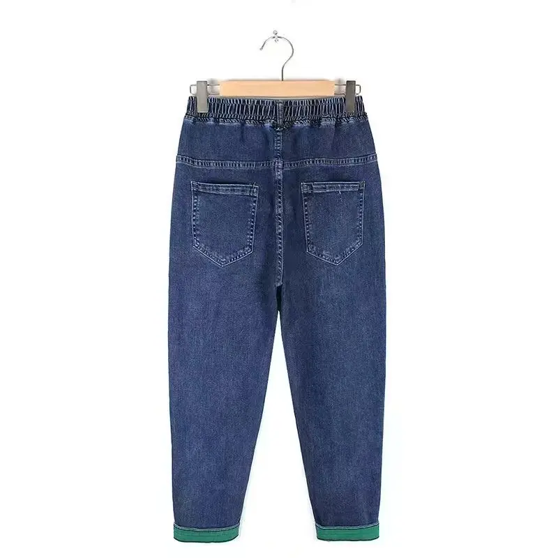 KoHuiJoo  XL-5XL Patch Designs Jeans Woman 2022 Pocket High Waisted Haren Loose Thin Casual Elastic Waist Radish Daddy Pants