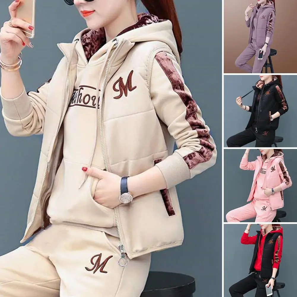 

3Pcs/Set Women Long Sleeve Drawstring Outfit Waist Pockets Woman Outfit Winter Hooded Sweatshirt Waistcoat Jogger Pants Set