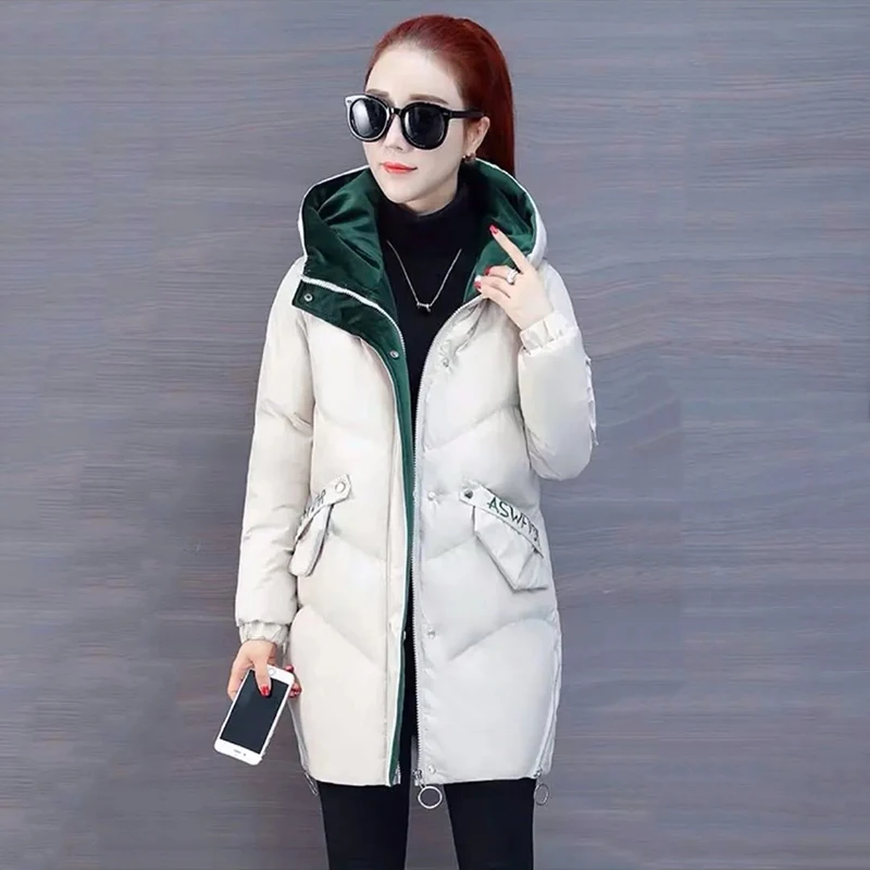 Winter Warm Cotton Padded Thicken Mid Length Parkas Loose Hooded Long Sleeve Women Jackets Korean Snow Wear Windproof Outwear