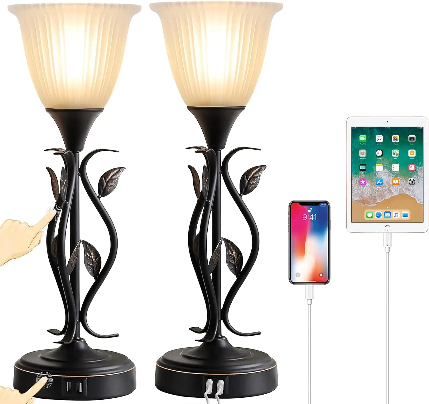 

of 2 Touch Control Table Lamps, 3-Way Dimmable Torchiere Bedside Lamps with Dual USB Charging Ports, Leaf Body and Glass Shade R