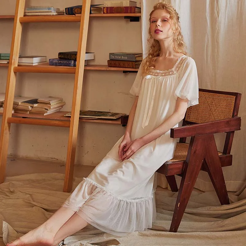 Roseheart Women Homewear Female White Sexy Sleepwear Nightdress Cotton Lace Mesh Nightwear Nightgown Homewear Luxury Gown