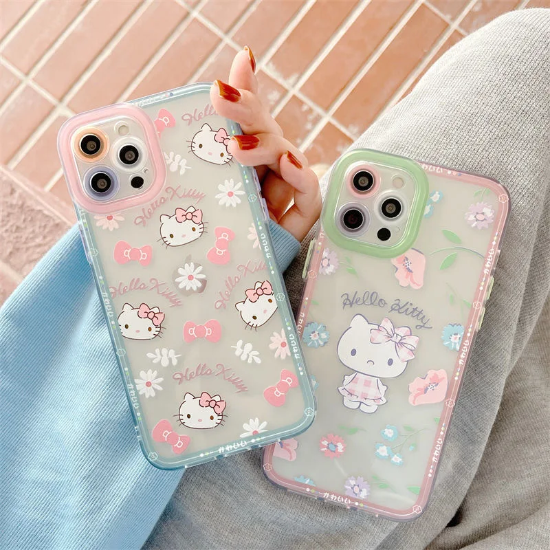 

Cute Hello Kitty Creative Flower Phone Cases For iPhone 13 12 11 Pro Max XR XS MAX X 7/8Plus Lady Girl Anti-drop Soft Cover Gift