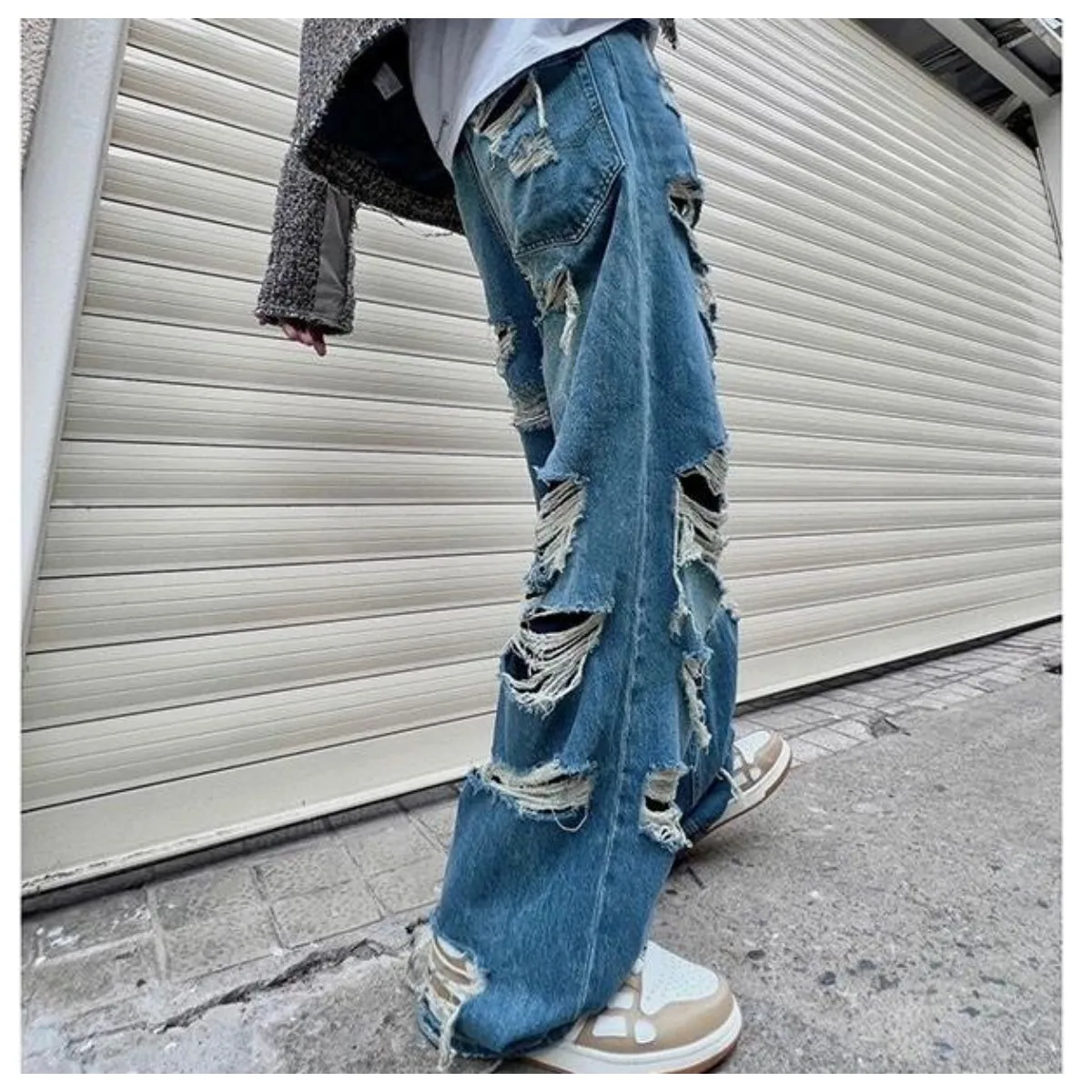 American Style Streetwear Washed Torn Jeans For Men And Women's Street Hip-Hop Loose Wide Leg Straight Leg Pants Fashion Style