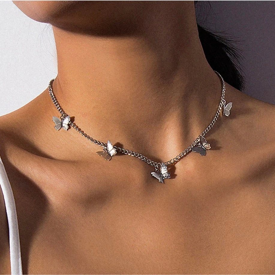 Silver Chain Butterfly Pendant Choker 