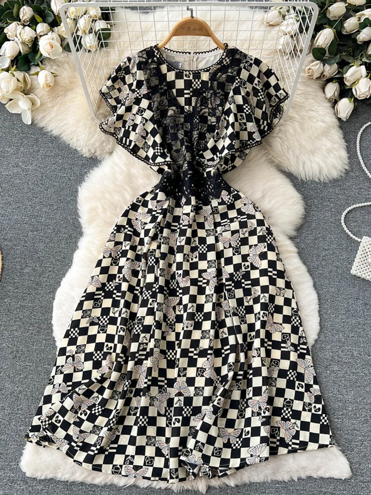 

FMFSSOM Summer New Women Elegant Chic O-Neck Lace High Waist Slim Dress Fashion Casual Plaid Printed Sleeveless A-Line Dresses