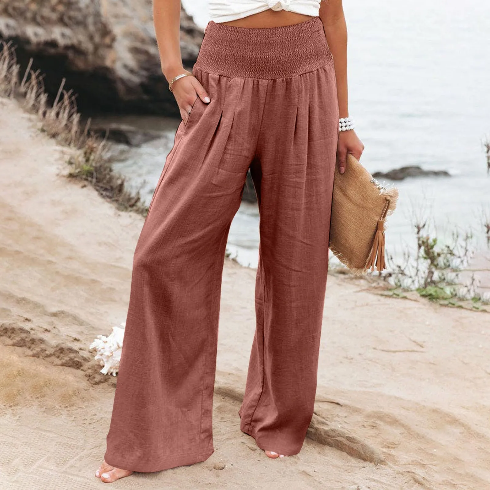 

Summer For Women 2022 New Women Pants Office Lady Cotton Linen Pockets Solid Loose Casual White Wide Leg Long Straight Trousers