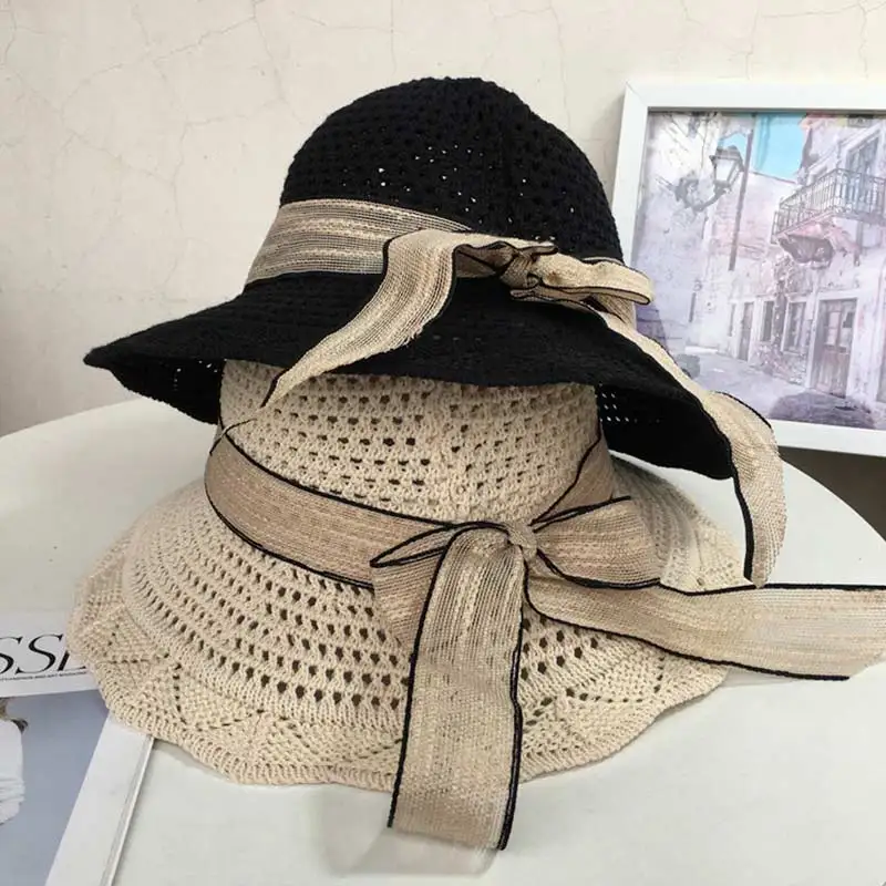 

Women's Bucket Hat Female Summer Sunscreen Hat All-Match Travel Sun Hat Japanese Bow Hollow Beach Cap Weave Fisherman Hats