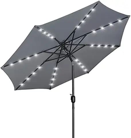 

9ft Umbrella with Solar Lights, 32 LED Lighted Umbrella Outdoor Table Umbrella, 8 Ribs Market Umbrella w/Tilt Adjustment and U