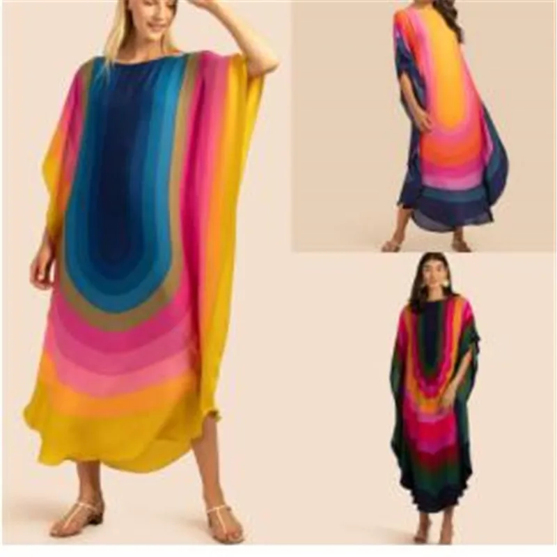 

Moroccan Kaftan Boho Print Dress Sexy Batwing Sleeve Maxi Dress 2023 Summer Women Clothing Beach Wear Casual Maxi Dress Q14355