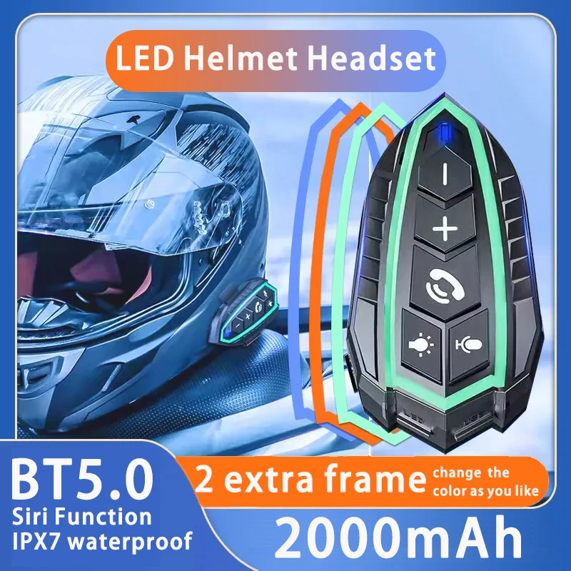 

2 Extra Color Frame IPX7 Motorcycle Helmet Headset 2000mAh BT5.0 Motor Helmet Bluetooth Headset Auto Answer Voice Assistant