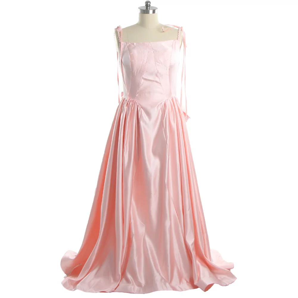 

Evening Dresses Strapless Sleeveless Pink Satin Lace up Bow Beading Pleat A-line Floor Length Plus Size Women Party Dress B1936
