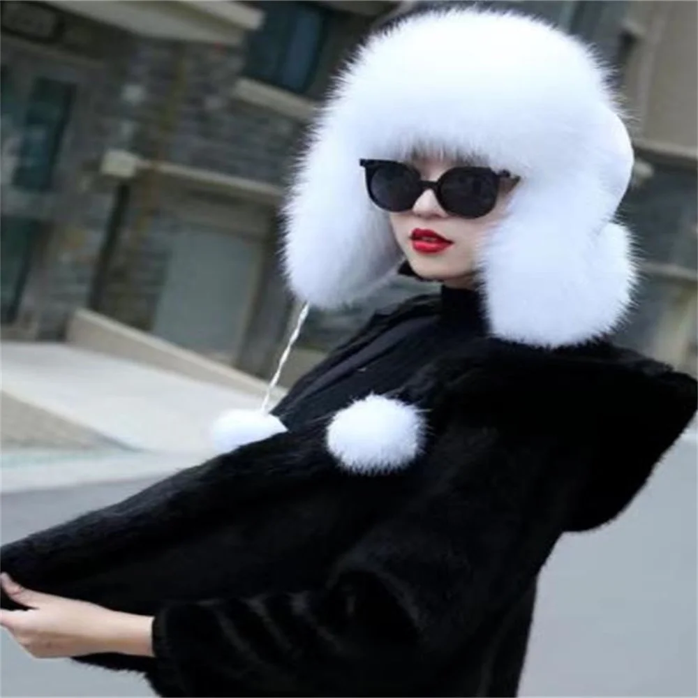 

Female Winter Fox Fur Hats Woman Thick Mink Fur Caps Warm Pelaje Bombers Hats High Imitation Hat Fourrure Ear Protection Cap