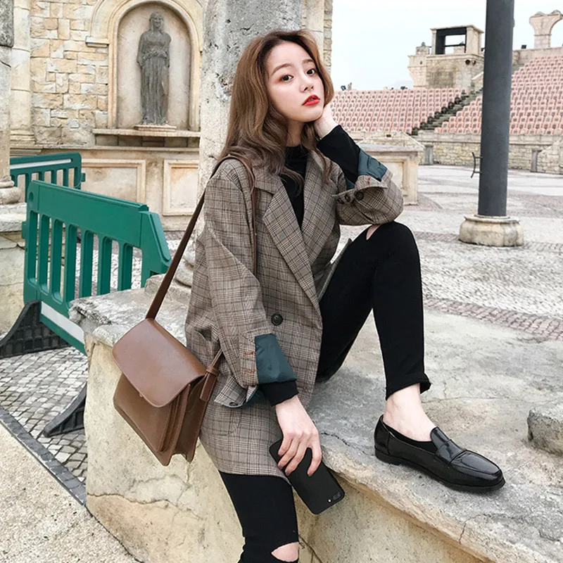 Women Elgant Work Style Blazer 2021 Vintage Plaid Blazer Spring Autumn Double Breasted Long Sleeve Loose Retro Suits Coat Jacket