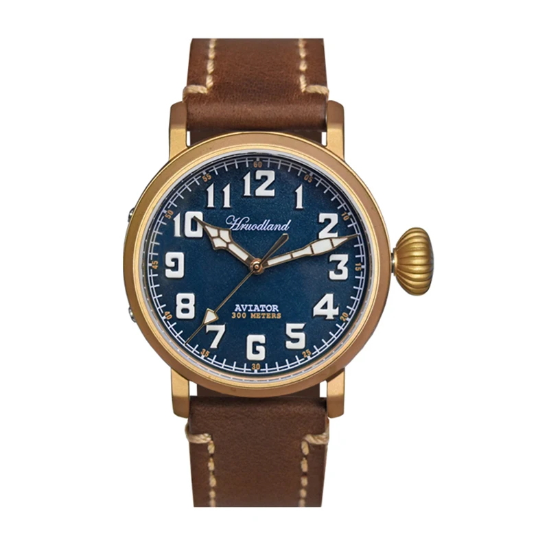 

Hruodland Men's Bronze Pilot Watch 43mm Blue Dial Sapphire Luminous PT5000/SW200 Automatic Movement Mechanical Wristwatch 30Bar