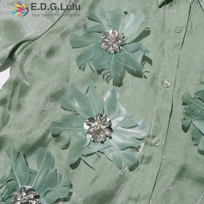 EDGLuLu зеленые блузки с отложным воротником женский дизайн офисная блузка 3d