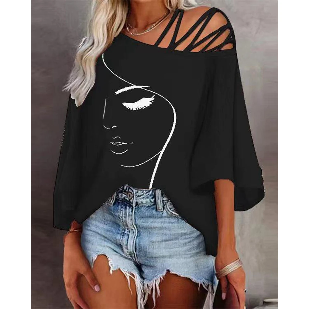 

2022 Autumn Women Abstract Figure Print Cold Shoulder Bell Sleeve Top Fashion Femme Casual Pullover Lady Steetwear T Shirt