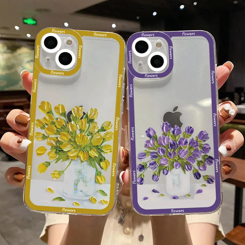 

Retro Oil Painting Flower Clear Phone Case For iPhone SE 2020 8 7 Plus 14Plus 11 12 13 14 Pro Max X XR XS Transparent Back Cover
