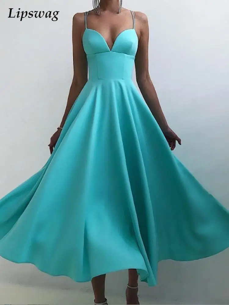 

Sexy Sleeveless V-Neck Sling Evening Dresses Women Summer Fashion Solid Loose Draped Midi Dress Elegant Ladies Party Dress 2022