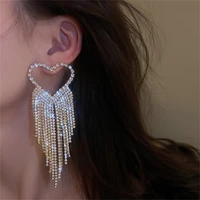 fashion long tassel rhinestone drop earrings for women shine gold heart crystal dangle earrings statement jewelry