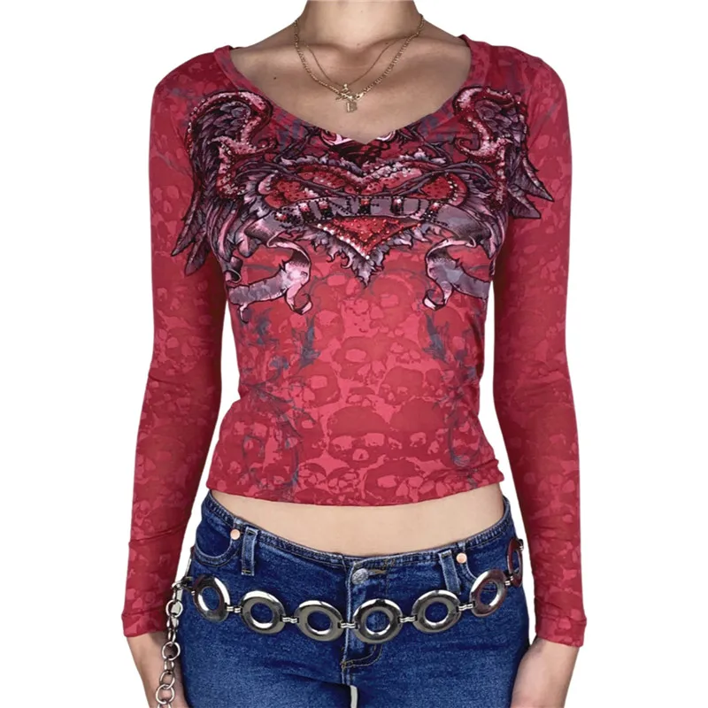 

Y2K Harajuku Grunge Heart Print T Shirts Autumn Vintage Fairycore Long Sleeve Clothes Aesthetic Tee 90s V-neck T-Shirts Tops
