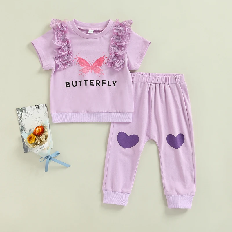 

Toddler Kids Girls Casual Suit Short Sleeve Floral Lace Cartoon Printed Tops+Heart Printed Long Pants
