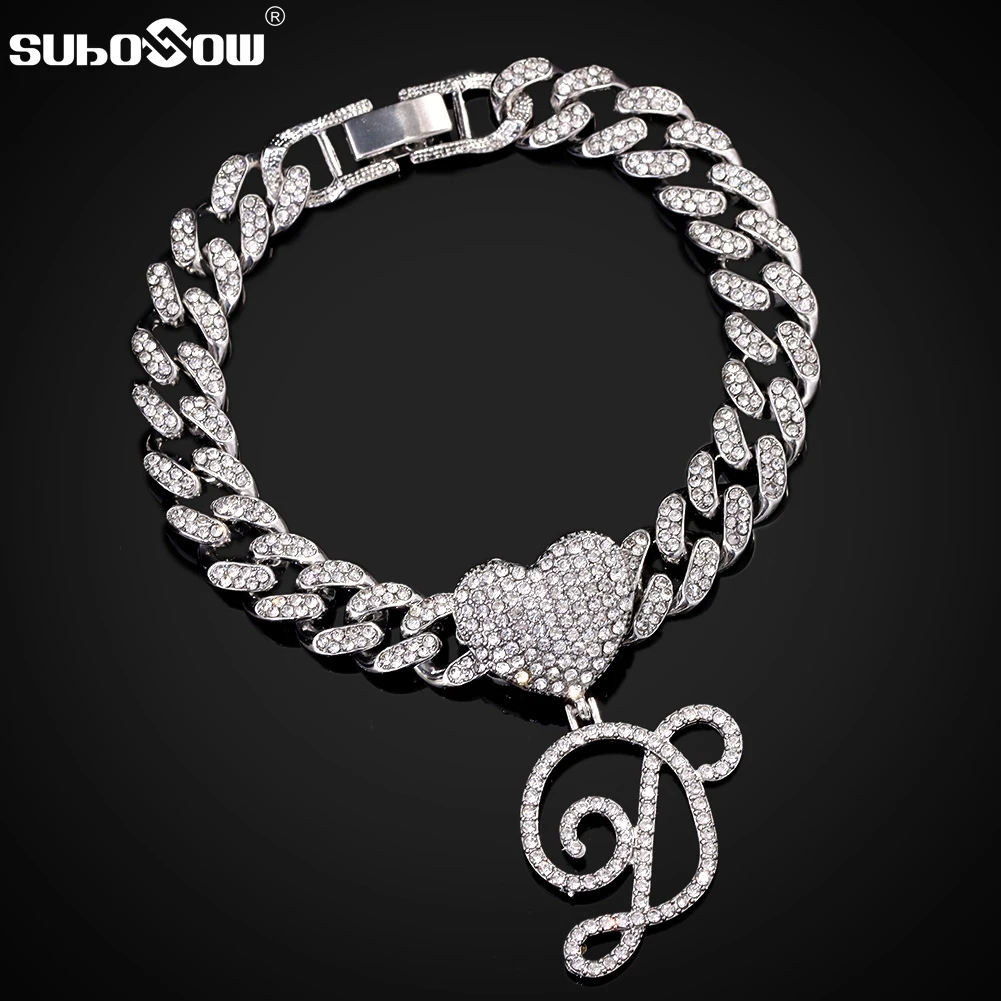

13MM Crystal Heart 26 Initial Cursive Anklets for Women Hip Hop Iced Out Cuban Link Chain Anklet Bracelet Leg Foot Jewelry Gift