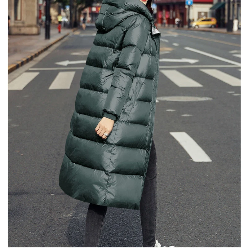 New Winter Women Long Black Cotton Coat Bright Loose Fashion Down Cotton Coat Knee Length Thickened Warm Lady Cotton Coats