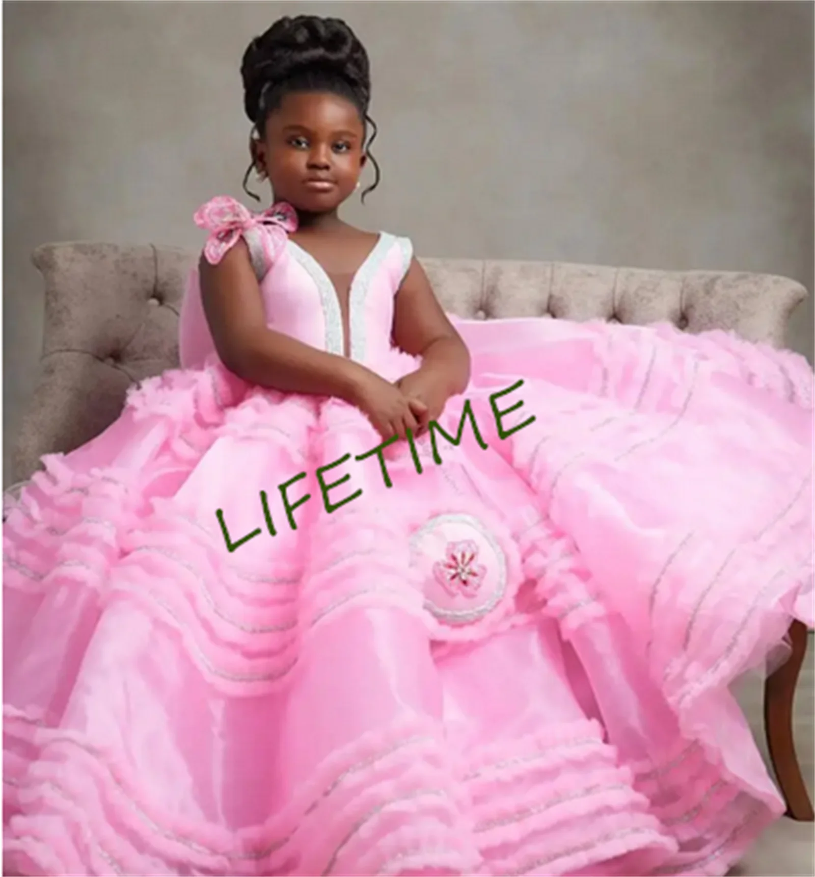 Розовое Цветочное платье для девочек платья с многоярусными цветами свадьбы