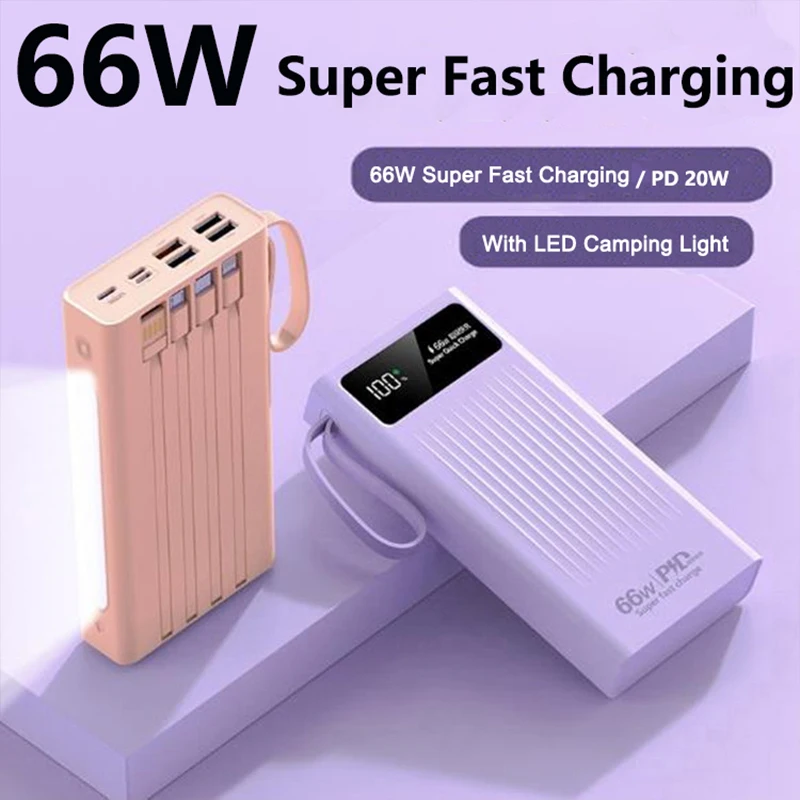 

66W Super Fast Charging Power Bank for Huawei P40 P50 Powerbank 30000mAh Built in Cable for iPhone 14 X Samsung Xiaomi Poverbank