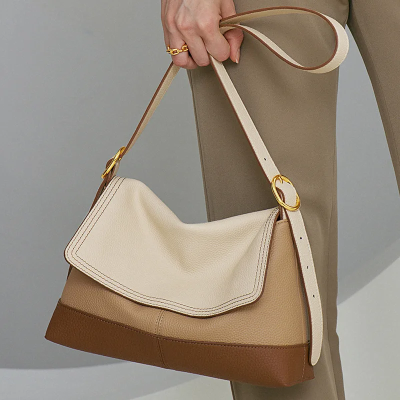 

2022 New Tote Bags for Women Contrast Color Commuter Soft Leather Shoulder Bag Niche Premium Texture Large Capacity Underarm Bag