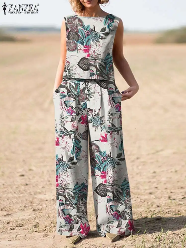 

2022 ZANZEA Bohemian Vintage Casual Work Floral Print Suit Summer Women Matching Sets Sleeveless O-Neck Blouse And Wide Leg Pant