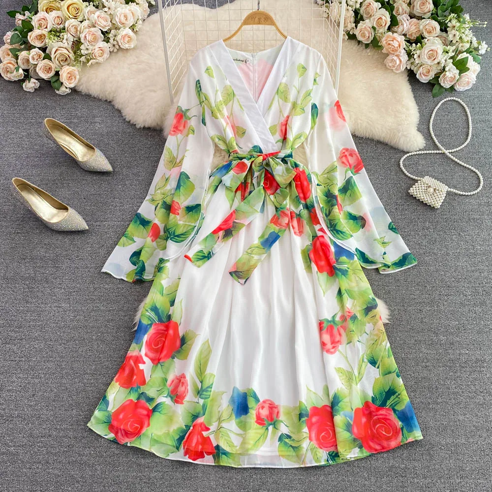 

Fashion Runway Models Summer Dress Flared Waist-skimming Printed Dress Elegant Long Skirt with Large Hem Maxi Dress