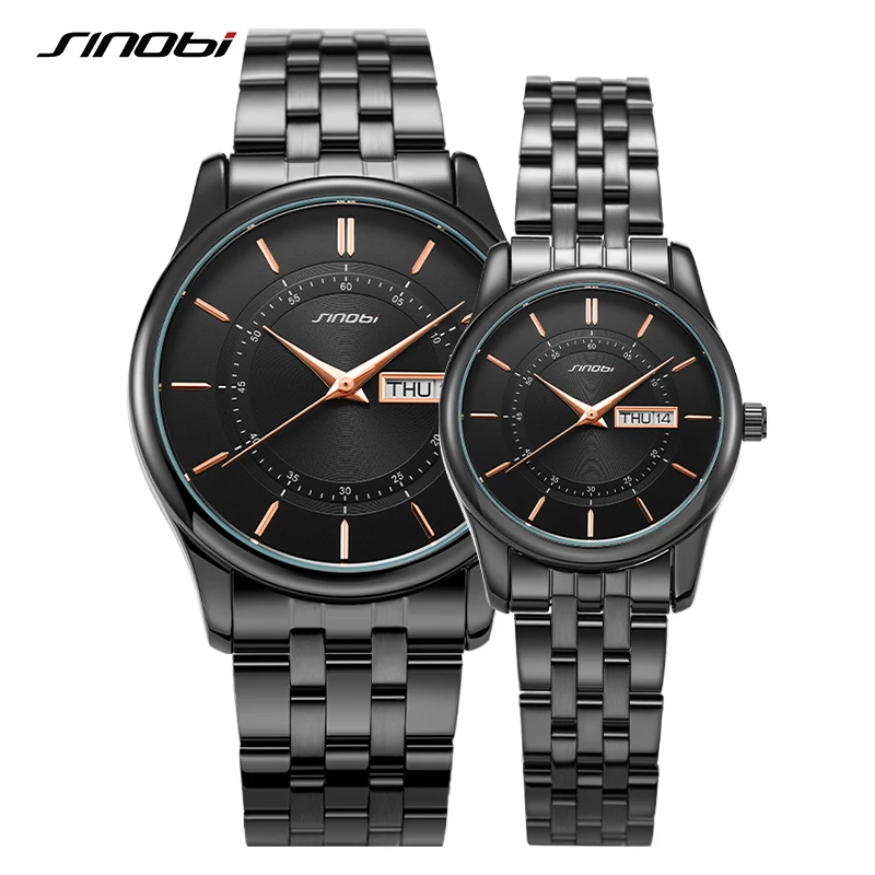 

SINOBI 2021 Fashion Luxury Couple Watches Lovers Goldren Black Women Watches Waterproof Men's Watches Lover relogios masculinos