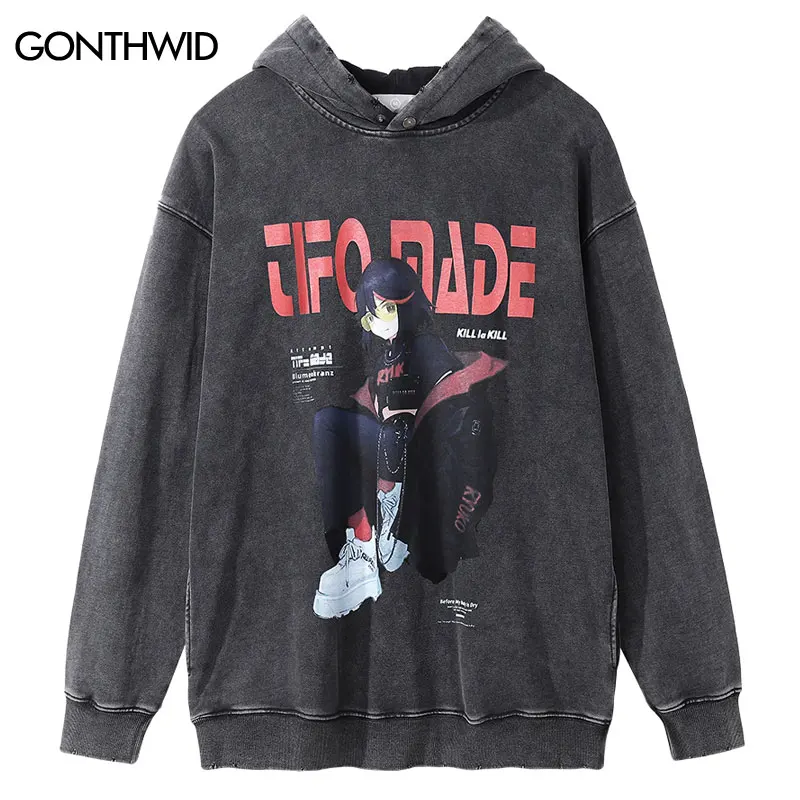 Hip Hop Hoodie Sweatshirt Y2K Grunge Vintage Mens Japanese Anime Cartoon Girl Print Washed Heavy Hooded Harajuku Punk Streetwear