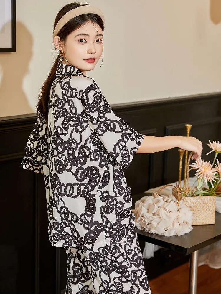 Ice silk pajamas women's new short-sleeved sleeve trousers two piece set summer pajama set dropshipping