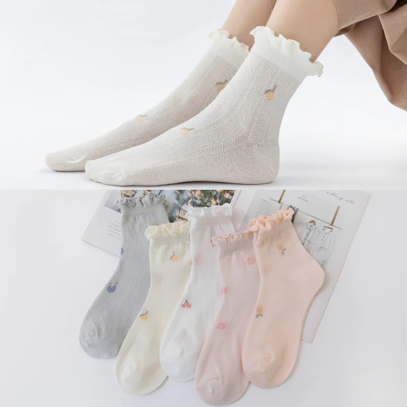 

Women Socks Summer Thin Solid Color Fashion Middle Tube Socks Wooden Ear Socks Loose Mouth Not Tight Cotton Socks Kawaii Socks