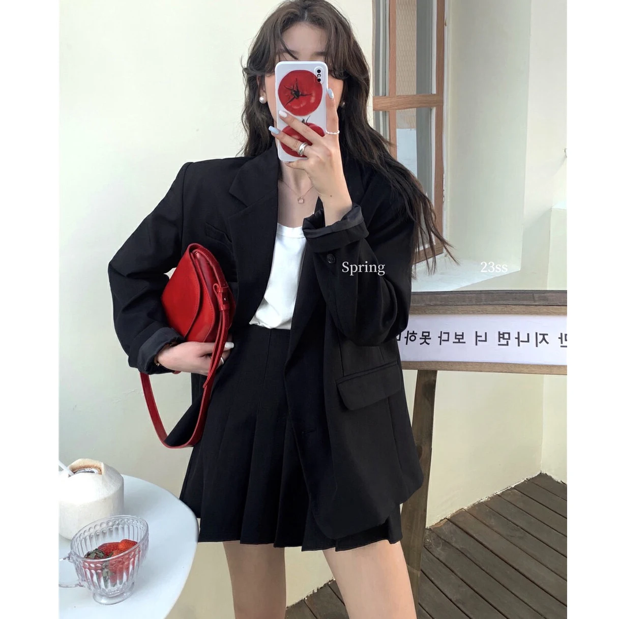 Long Sleeve Single-Brewed Suit Jacket Pleated Skirt Two-Piece Set Female Student 2023 Spring New Skirt Suits Women Clothes