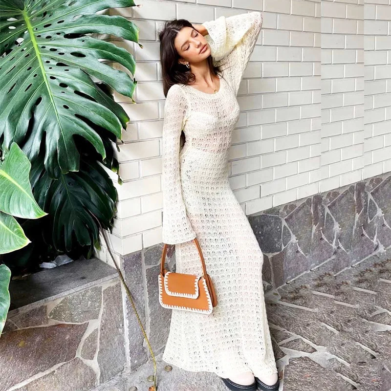 

Женское сексуальное облегающее пляжное платье с длинным рукавом и открытой спиной, праздничные женские Макси-платья 2022, летняя женская вяз...