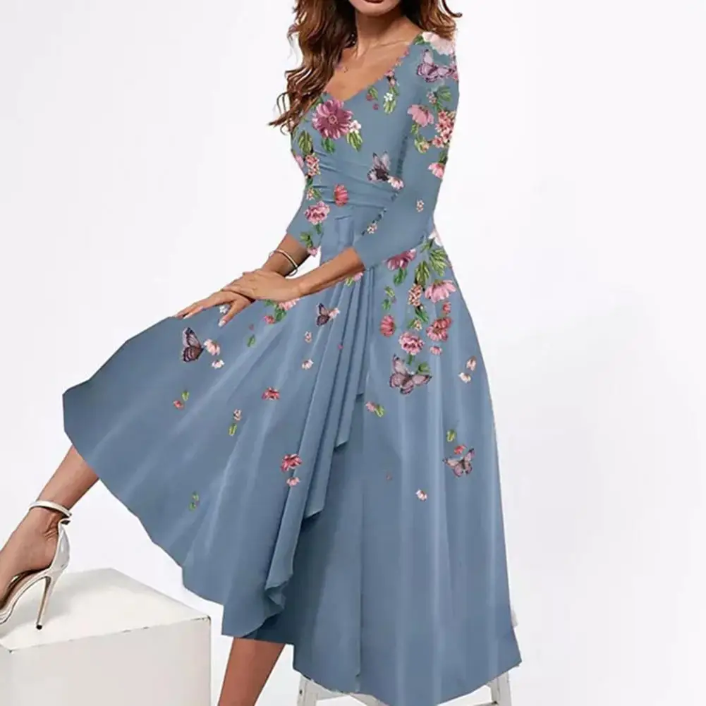 

V-Neck Half Sleeve Draped Large Hem Midi Dress Flower Butterflies Printing Ladies Elegant Dress Female Party Dress Office Lady