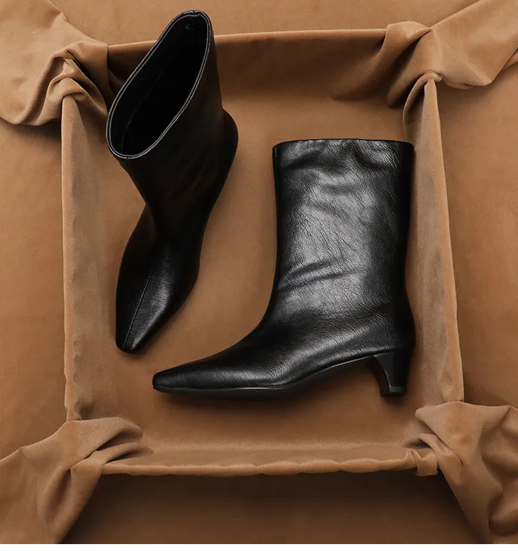 Фото Женские ботинки SHOEBOX из натуральной кожи, облегающие, до середины икры, на меху, универсальные, с квадратным носком, новинка осень-зима №1