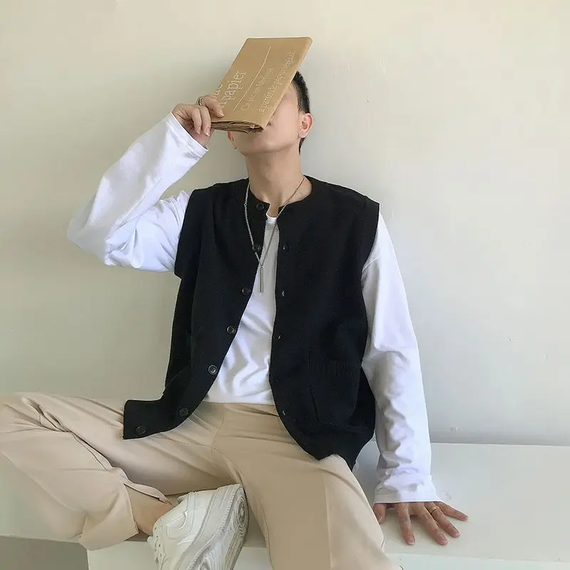 Сплошной цвет мужской вязаный жилет кардиган свитера с круглым вырезом мужская