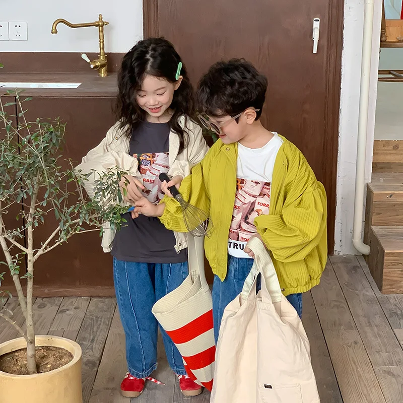 

Style Coats Casual Jackets Korean 2023 Boys Girls Short Zipper And Sleeve Puff Spring Kids Fashion