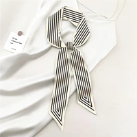 lunadolphin women spring french romantic silk striped printed beige white chiffon silky headbands bandana hair ribbon bag tie