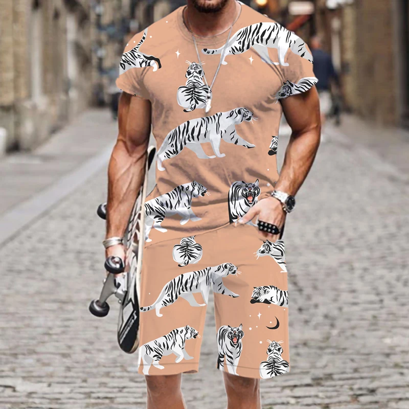 

Summer Men Set Tiger Animal 3D Printed Tracksuit O-Neck T-shirt Stretch Shorts Sportswear Two Pieces Set Jogging Fitness Outfits