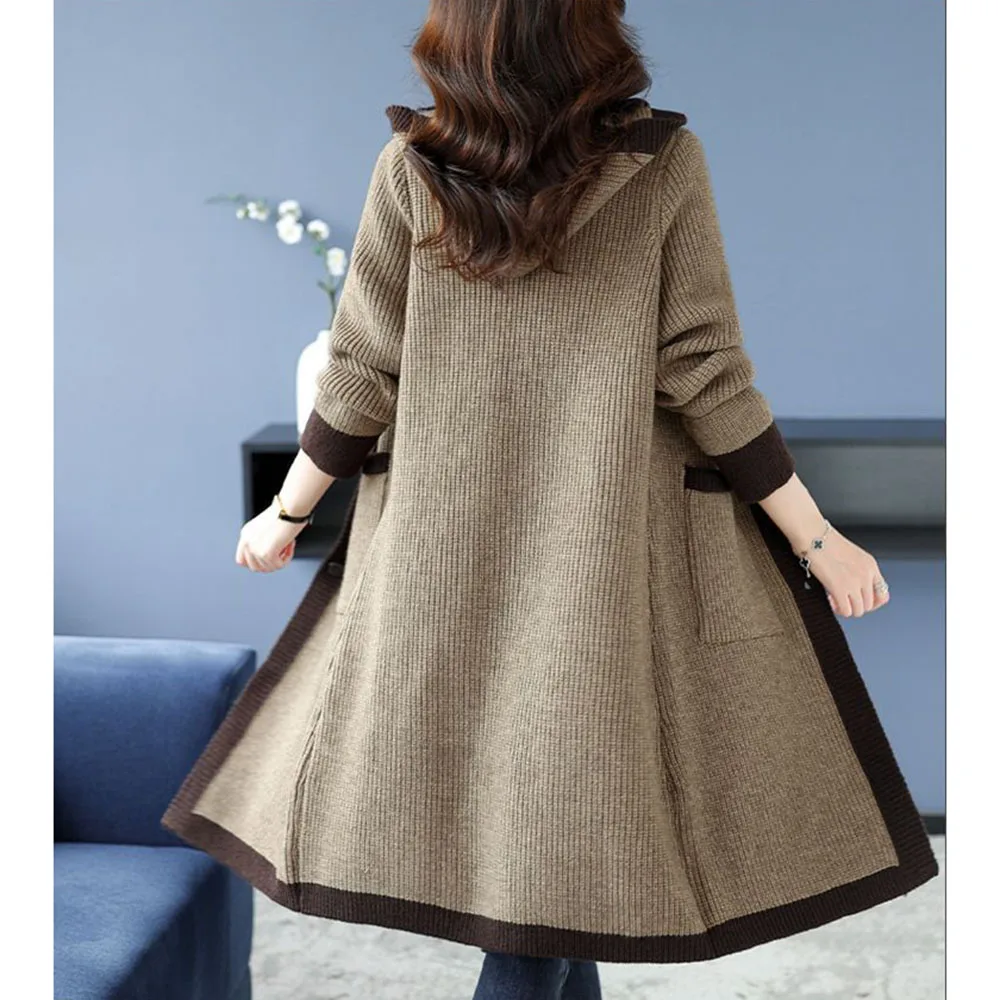 Женский вязаный свитер с капюшоном длинный шерстяной кардиган свободного покроя
