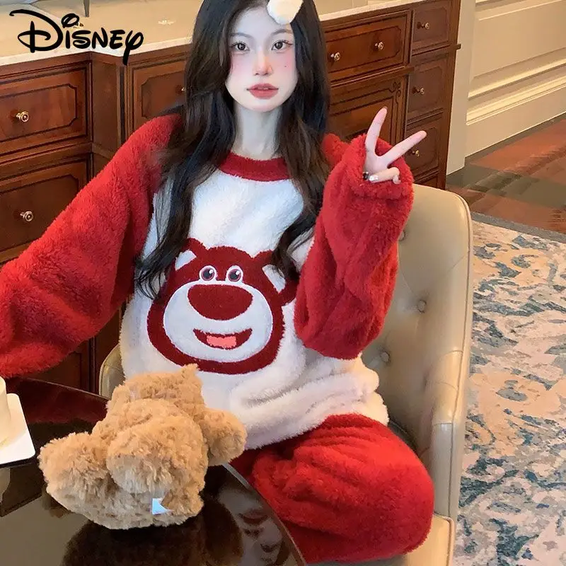 

Disney Kawaii Lotso Bear Coral Plush Pajamas Women Winter New Cartoon Female Home Warm Sleep Suit Korean Sweet Cute Nightwear
