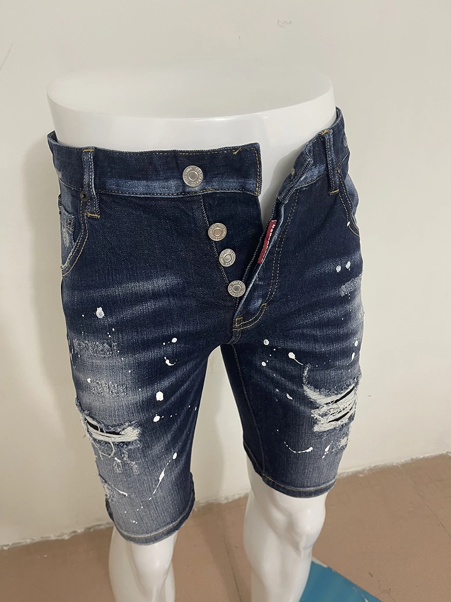 

Summer 2023 new denim shorts men jeans slim casual dark large holes patch five points denim shorts