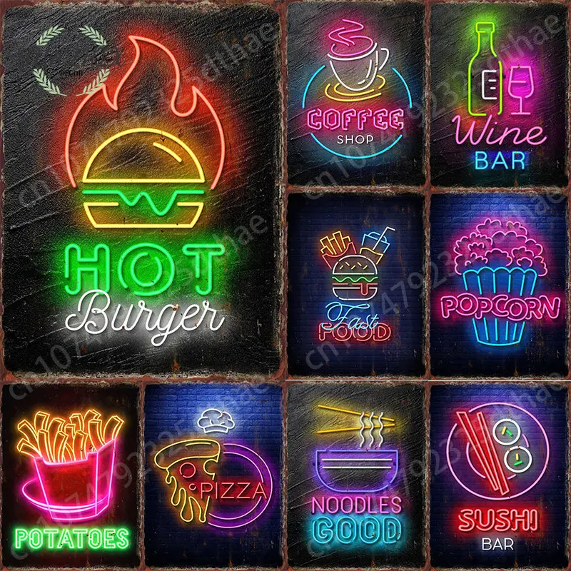 

Neon Burger Metal Tin Signs Fast Food Print Poster for Kitchen Bar Club Man Cave Tins Plates Retro Plaques Restaurant Wall Decor