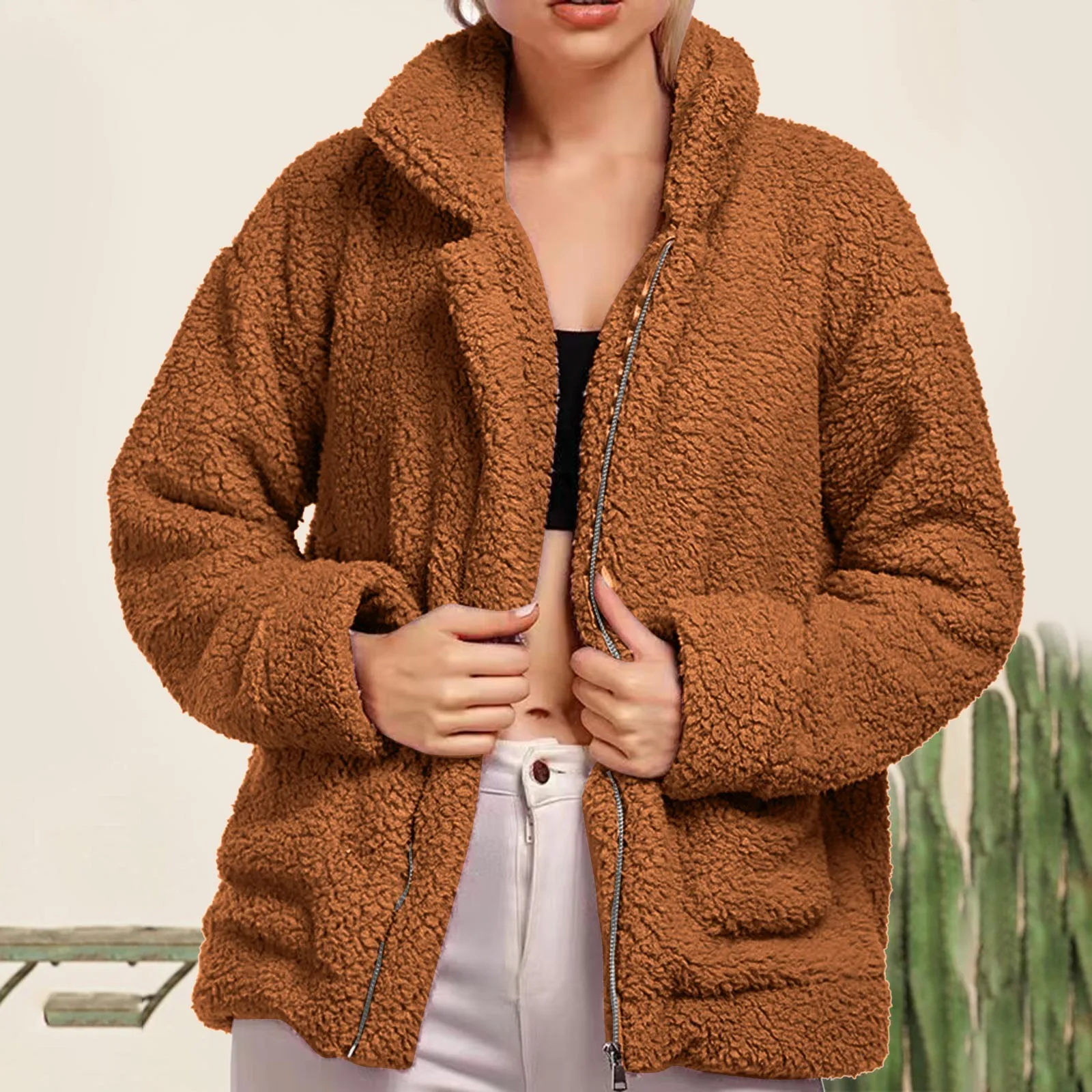 

Elegant Bear Teddy Faux Fur Coat Women 2023 Autumn Winter Thick Warm Soft Fleece Jacket Female Pocket Zipper Coat veste femme